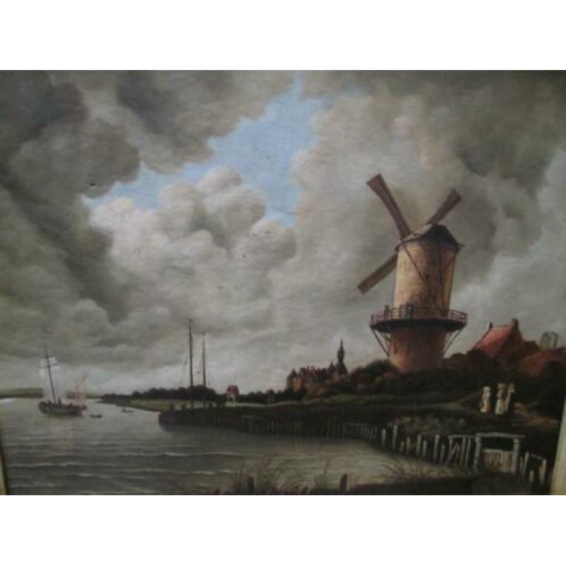 Olieverf Molen aan Water P Geerling 1911 in Lijst 61 x 73