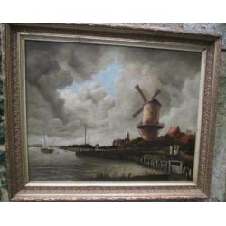 Olieverf Molen aan Water P Geerling 1911 in Lijst 61 x 73