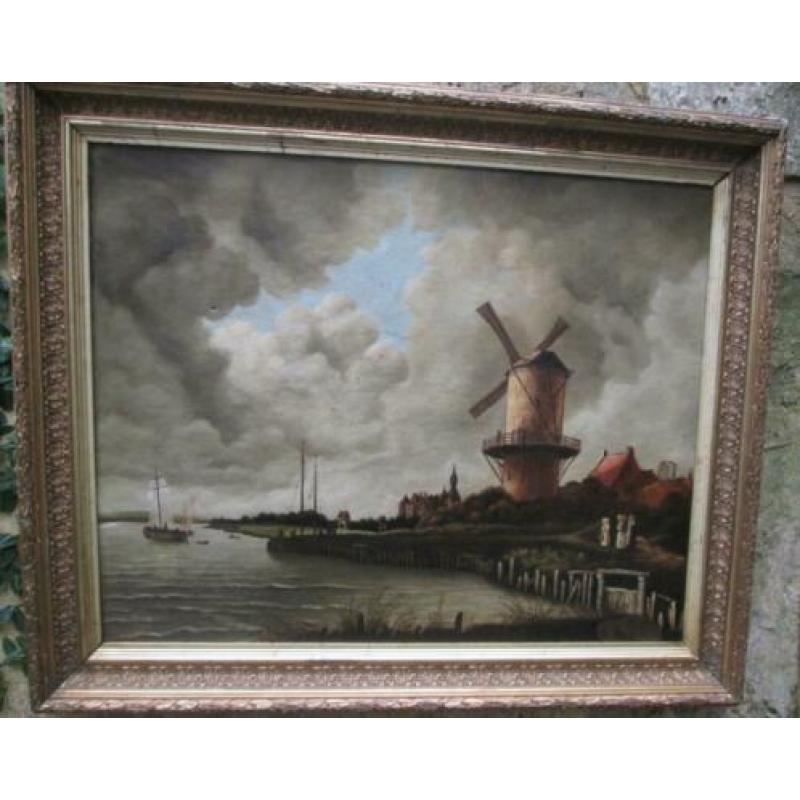 Olieverf Molen aan Water P Geerling 1911 in Lijst 61 x 73