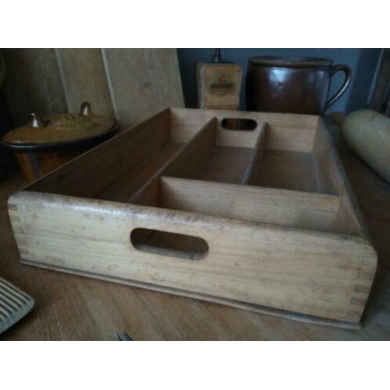 Oude brocante houten bestekbak 34x24x6cm *Etage3*