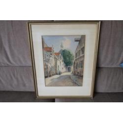 Ingelijste aquarel: prachtig straatje van G.van Jeveren.