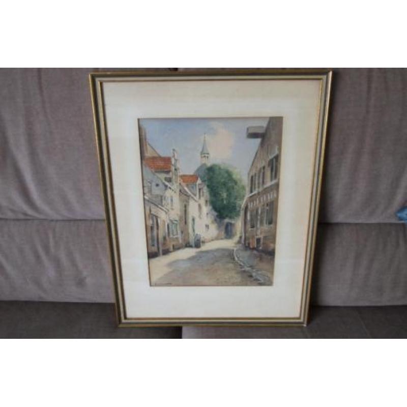 Ingelijste aquarel: prachtig straatje van G.van Jeveren.