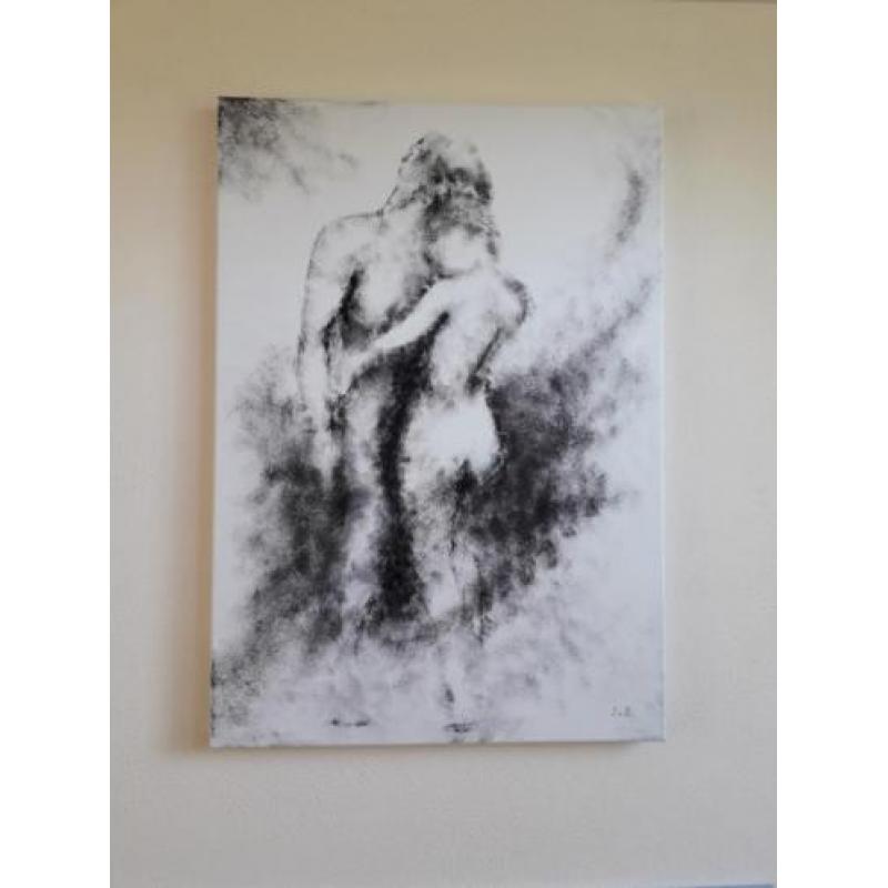 Eerste liefde, groot zwart/wit modern schilderij, man vrouw