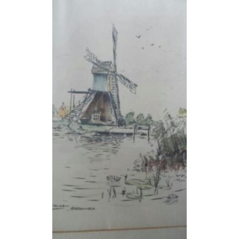 tek.aquarelverf Wim Jansen (1923 - 1992) molen Hardinxveld