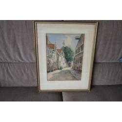 Ingelijste aquarel: prachtig straatje van G.van Jeveren.