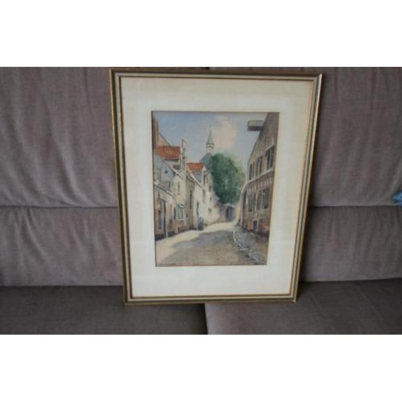 Ingelijste aquarel: prachtig straatje van G.van Jeveren.