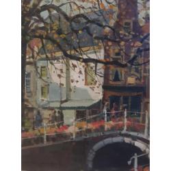 Daniel Mühlhaus 1907 - 1981 - Bruggetje over een stadsgracht