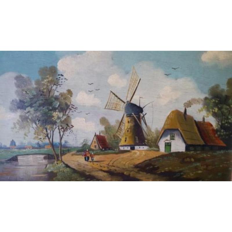 Antiek schilderij molenlandschap.