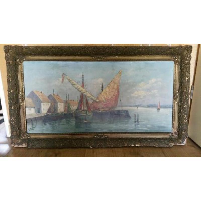 Oud schilderij van vissersboten in Brocante lijst