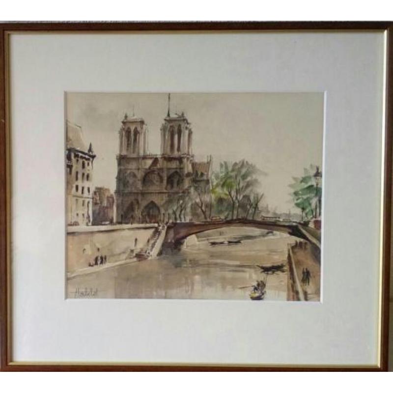 Herbelot "Notre Dame Seine Parijs" mooi ingelijst aquarel