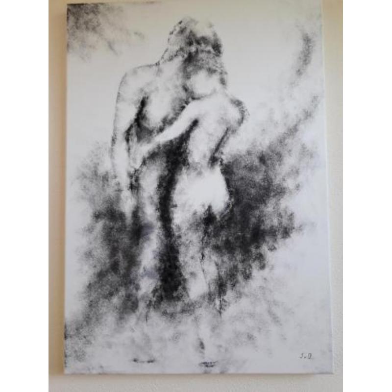 Eerste liefde, groot zwart/wit modern schilderij, man vrouw