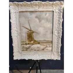 Oud olieverf op doek hollands landschap met molen