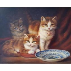 Bert Notenboom 1942 - 2011 - 3 kittens met delfts aardewerk